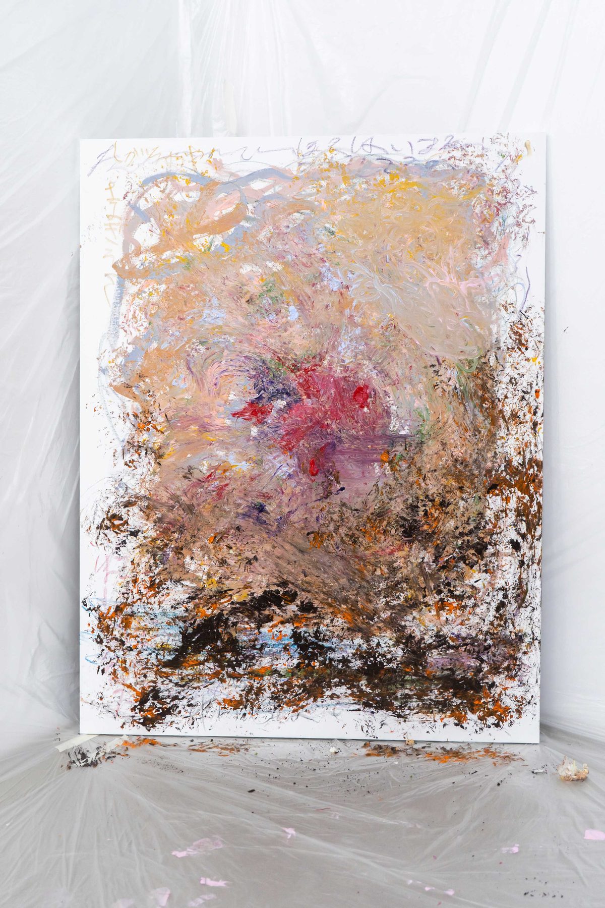 I-NO-RI, acrylic and crayons on canvas painted with hydrangeas and calligraphy brushes